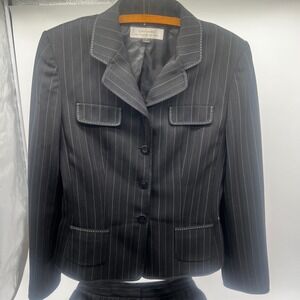 Tahari Arthur S Levine Mens Black Pinstripe Herringbone Pant Suit Blazer Size 8